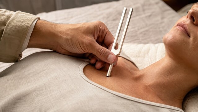 Tuning fork vibration therapy on woman's sternum