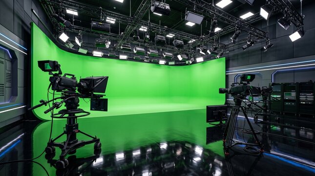 Modern TV news studio with professional cameras green screen wall backdrop and ceiling lighting rig for video production