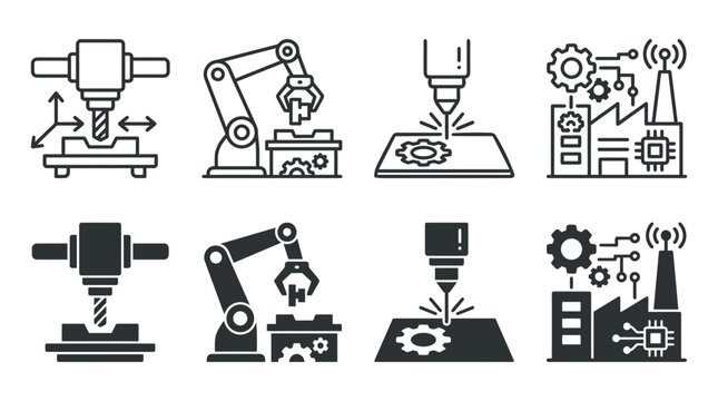 Smart factory cnc machining and automated industrial production icons with manufacturing automation machining