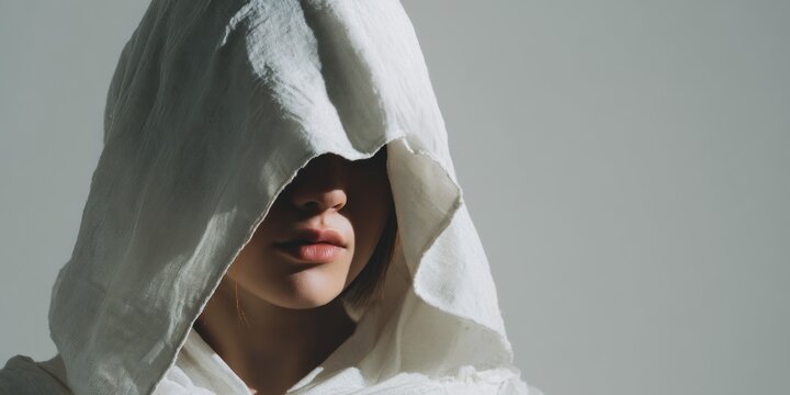 Person in hooded garment with face partially obscured by shadow and natural light