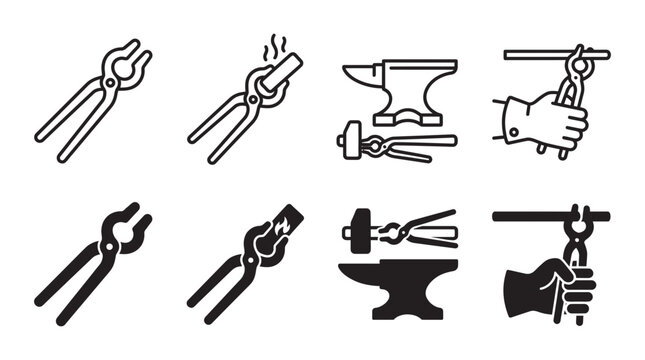 Blacksmith tool icon collection featuring tongs anvil and metalworking equipment in linear and solid styles, blacksmith