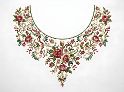 Vintage floral embroidery neckline design with red roses and green leaves on white fabric. Elegant botanical stitch pattern for fashion apparel and textile decoration. Traditional ethnic flower