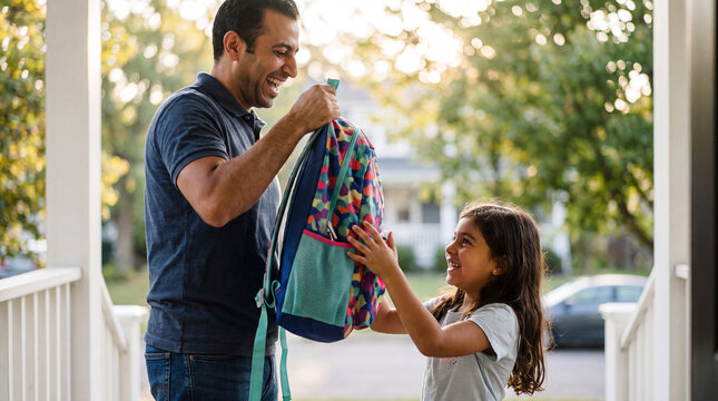 A father gives his daughter a new backpack for Back to School at home, showing happy family child parent education with student school supplies