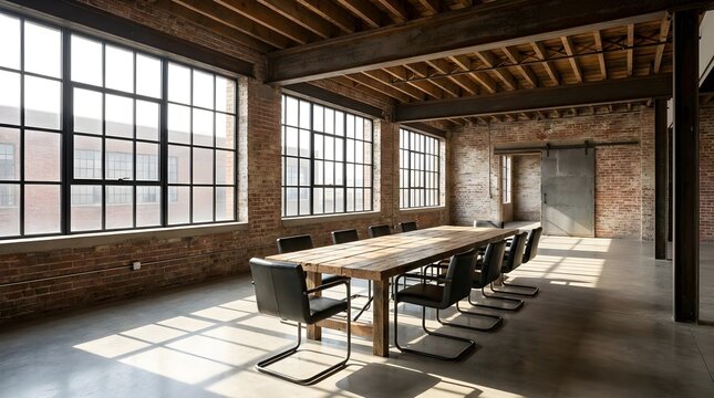 Empty meeting room converted warehouse natural light