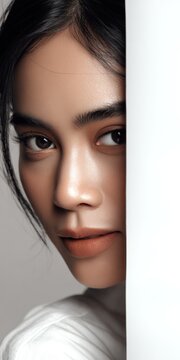 Womans portrait with neutral makeup partially hidden white background