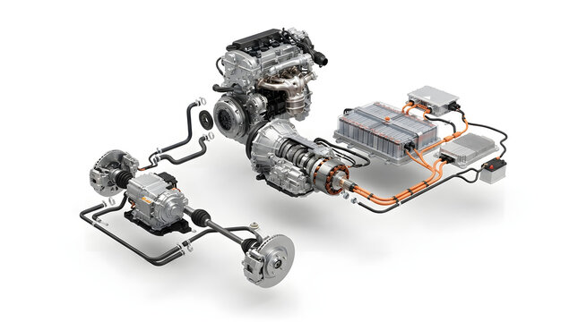 Advanced Hybrid Electric Vehicle Powertrain System with Engine, Battery Pack, Electric Motor and Drivetrain Components 3D Render