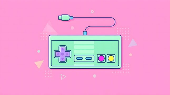 Retro video game controller illustration. Vintage gaming console gamepad on pink background.