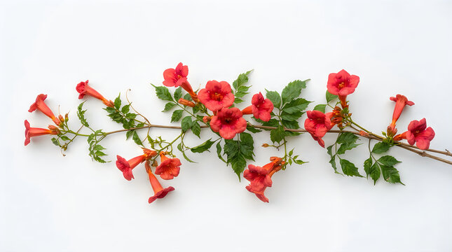 A beautiful branch of vibrant orange trumpet vine flowers isolated on a clean white background perfect for spring and summer floral design and botanical projects