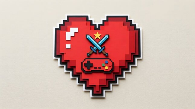 Pixel art heart with game controller. Retro gaming love icon with swords and star.