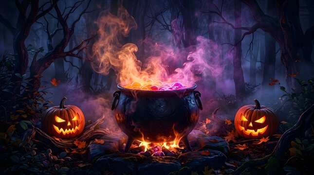 A magical witch cauldron with glowing fire and carved jack o lanterns for a spooky happy halloween celebration