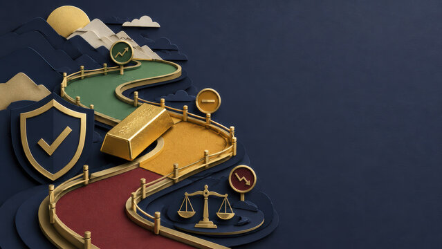 Gold bar finance economy investment wealth trade market savings security shield scale balance growth profit currency metal gold business risk strategy path route staircase platform icon graph coin