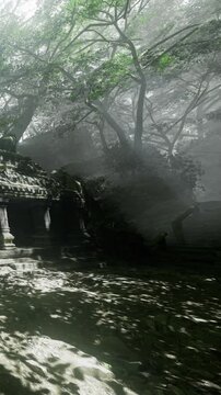 In a serene forest, ancient stone ruins emerge from thick mist, surrounded by towering trees and dappled sunlight. Shadows dance on the ground, creating an enchanting atmosphere of mystery.