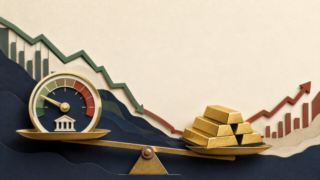 Gold economy balance scale gauge trend chart decline increase finance investment recession recovery market value risk growth inflation debt savings wealth asset bullion bar metal weight symbol