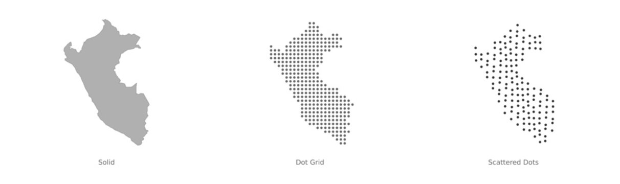 Map of peru in solid, dot grid, and scattered dots styles