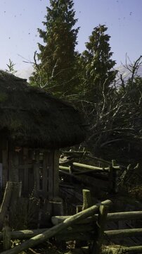 Morning light breaks through tall trees, illuminating a rustic cottage. The tranquil scene evokes a sense of peace and connection with nature, inviting exploration and reflection.