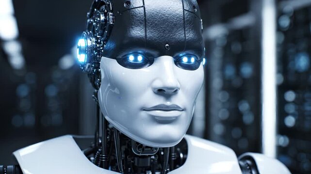 Humanoid AI Robot with Glowing Blue Eyes in Data Center Server Room