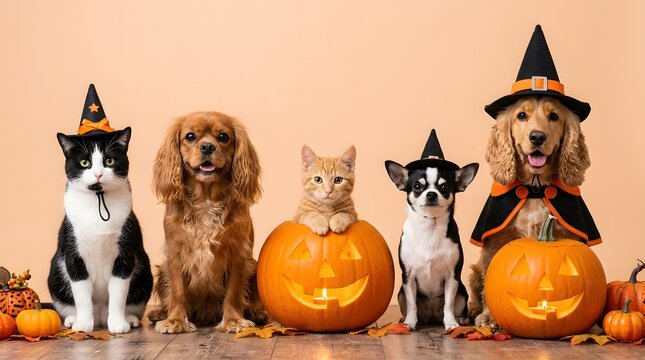 Group of cute dogs and cats wearing witch hats with pumpkins for a happy halloween celebration