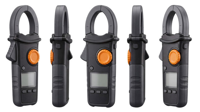 Multiple views of a black digital clamp meter with png isolated on transparent background