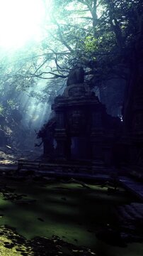 Sunlight filters through thick trees, illuminating an ancient temple. A serene pond reflects the mystical ambiance in this enchanting forest, evoking a sense of wonder and exploration.