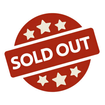 Red sold out badge with white stars and border for product or event isolated on transparent background