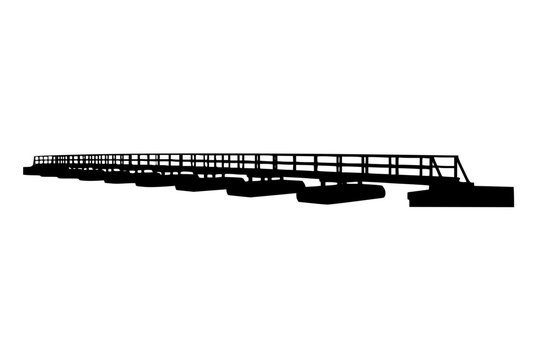 Black silhouette of a long pontoon floating bridge isolated on white background