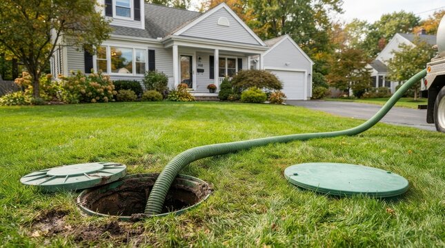 Septic tank pumping service in a residential backyard