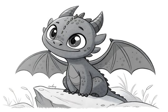 Cute cartoon dragon sitting on a rock