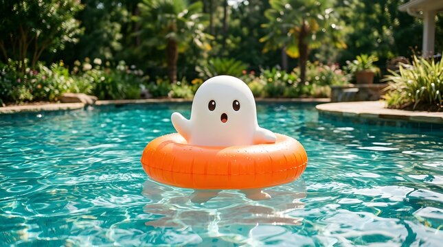 A cute ghost floating in an orange inner tube in a swimming pool for a happy halloween theme