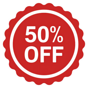 Red sale badge with fifty percent off text and decorative border isolated on transparent background