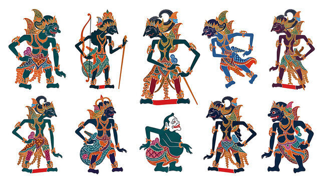 Collection of traditional Indonesian Wayang Kulit shadow puppets against a white background.