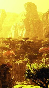 A breathtaking view captures towering cliffs bathed in golden light, with lush trees showcasing vibrant colors. The warm glow of sunset creates a serene and enchanting atmosphere in nature.