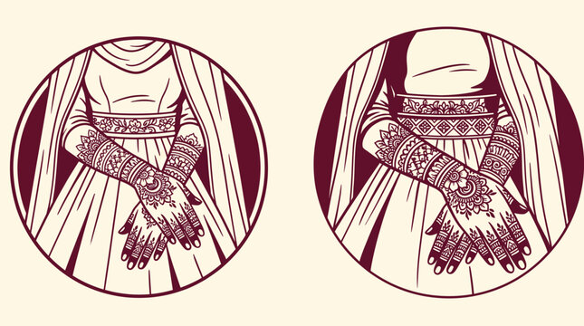 Bride Decorated with Henna Patterns Line Art Style Vector Illustration