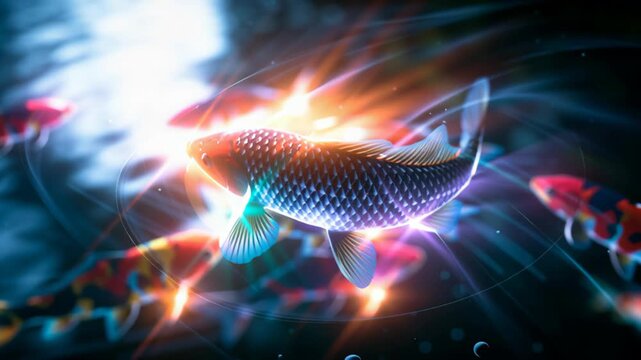 Celestial koi fish swimming through glowing cosmic water, surrounded by neon light trails and mystical energy in a dreamy futuristic underwater scene.