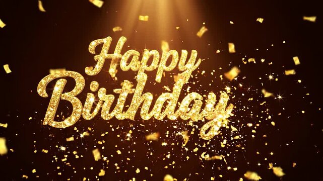 Gleaming Sparkling Gold Happy Birthday Calligraphy with Warm Spotlight for Elegant Events