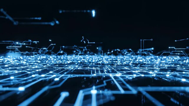 Futuristic Blue Digital Circuit Network with Flowing Data Lines and Glowing Nodes