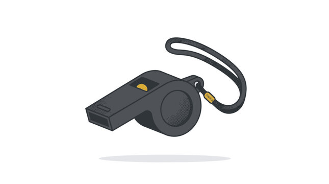 Black plastic whistle with attached lanyard cord.