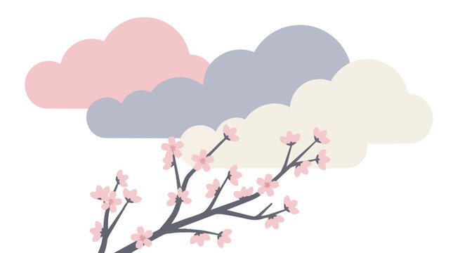 Blooming cherry blossom branch with soft clouds.