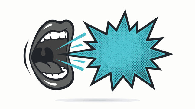 Cartoon mouth shouting with speech bubble explosion.