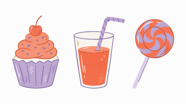 Colorful cupcake orange juice and lollipop illustration.