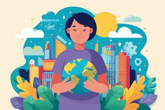 Young person holding Earth with colorful city and nature background