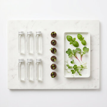 Hydroponic seed pods glass nutrient vials and fresh green microgreens flat lay on white marble slab minimal agricultural laboratory concept background