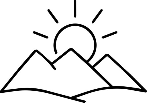 Minimalist mountain sunrise icon for international peace day representing harmony hope and tranquil nature with black line art