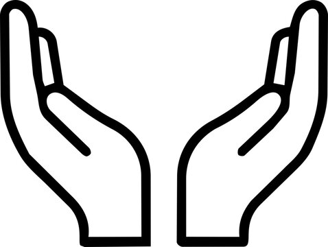 Minimalist outline icon of open human hands symbol representing peace unity and care on isolated white background