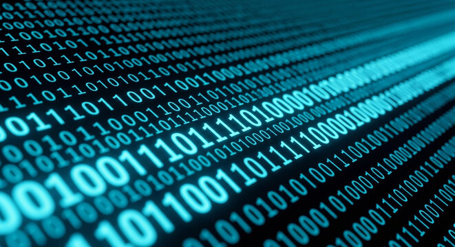 Binary code background with glowing digital data stream