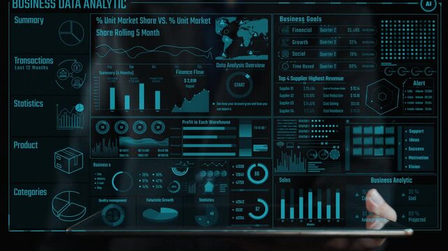 Explore a modern business data analytics dashboard showcasing charts and graphs for market share analysis, performance metrics, and key insights in a digital landscape. Cipher