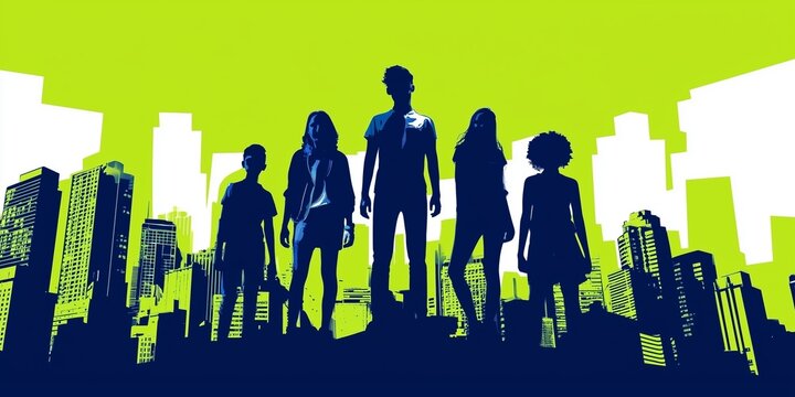 Group of People Silhouetted Against a Green Urban City Skyline