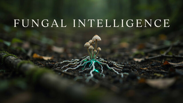 Mushroom mycelium network glowing with bioluminescent properties in a natural forest floor setting