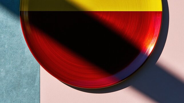 Vibrant yellow and red ceramic plate on a brushed steel surface with hard shadows for minimalist design and food service concepts