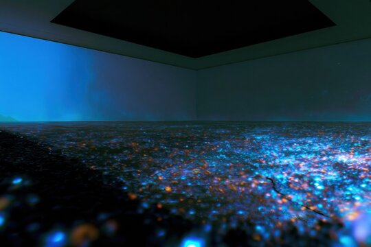 Minimalist exhibition hall with a glowing bioluminescent floor and a bright blue wall for modern art gallery and immersive space concepts