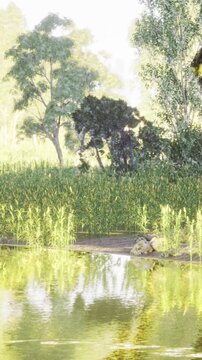 Golden light filters through the trees illuminating the tranquil pond. Soft reeds sway gently as nature awakens, creating a peaceful scene filled with life and color at sunrise.